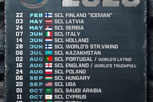 Strongman Champions League 2025 World Tour calendar featuring 16 global competitions, including events in Finland, USA, Dubai, and South Africa.