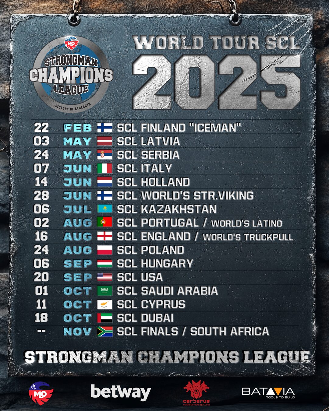 Strongman Champions League 2025 World Tour calendar featuring 16 global competitions, including events in Finland, USA, Dubai, and South Africa.