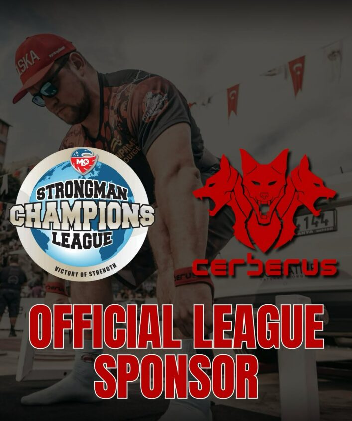 Poster of the official new sponsor for SCL, Cerberus Strength. In the image, strongman athlete using lifting straps to deadlift a car