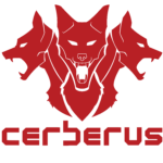 Cerberus Strength Logo, sponsor logo with three dog heads and text Cerberus