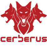 Cerberus Strength Logo, sponsor logo with three dog heads and text Cerberus