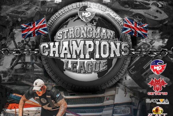 Poster announcing the Official World Truck Pulling Championship at The British Motor Show 2025, with event dates (August 15–17, 2025) and sponsor logos, featuring a strongman athlete pulling a truck.