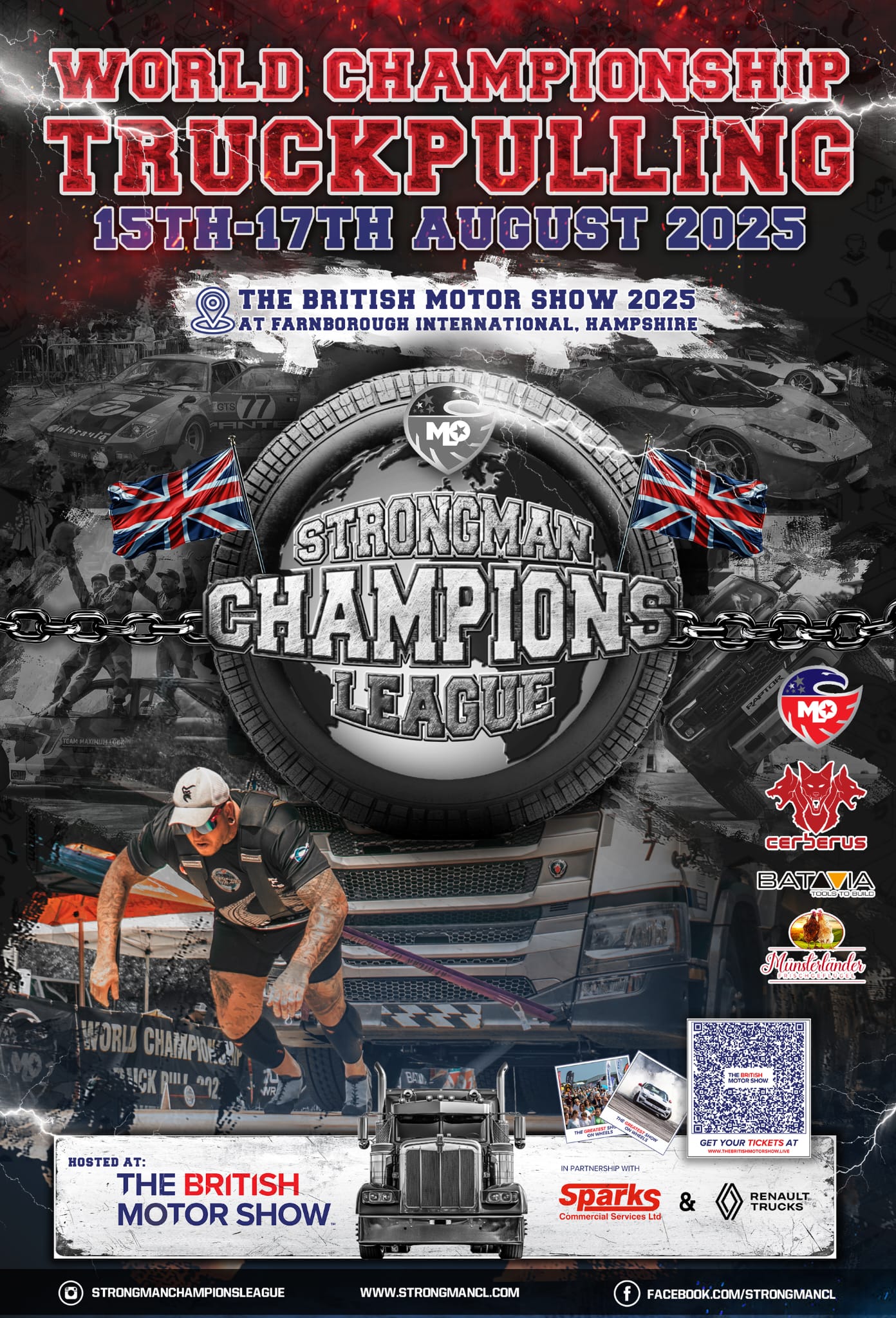 Poster announcing the Official World Truck Pulling Championship at The British Motor Show 2025, with event dates (August 15–17, 2025) and sponsor logos, featuring a strongman athlete pulling a truck.