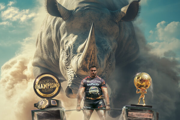 Event poster featuring Rayno "Rhino" Nel, World's Strongest Man and SCL Champion, competing in SCL Italy on June 7, 2025, and SCL Holland on June 14, 2025, with a striking rhino-themed background.
