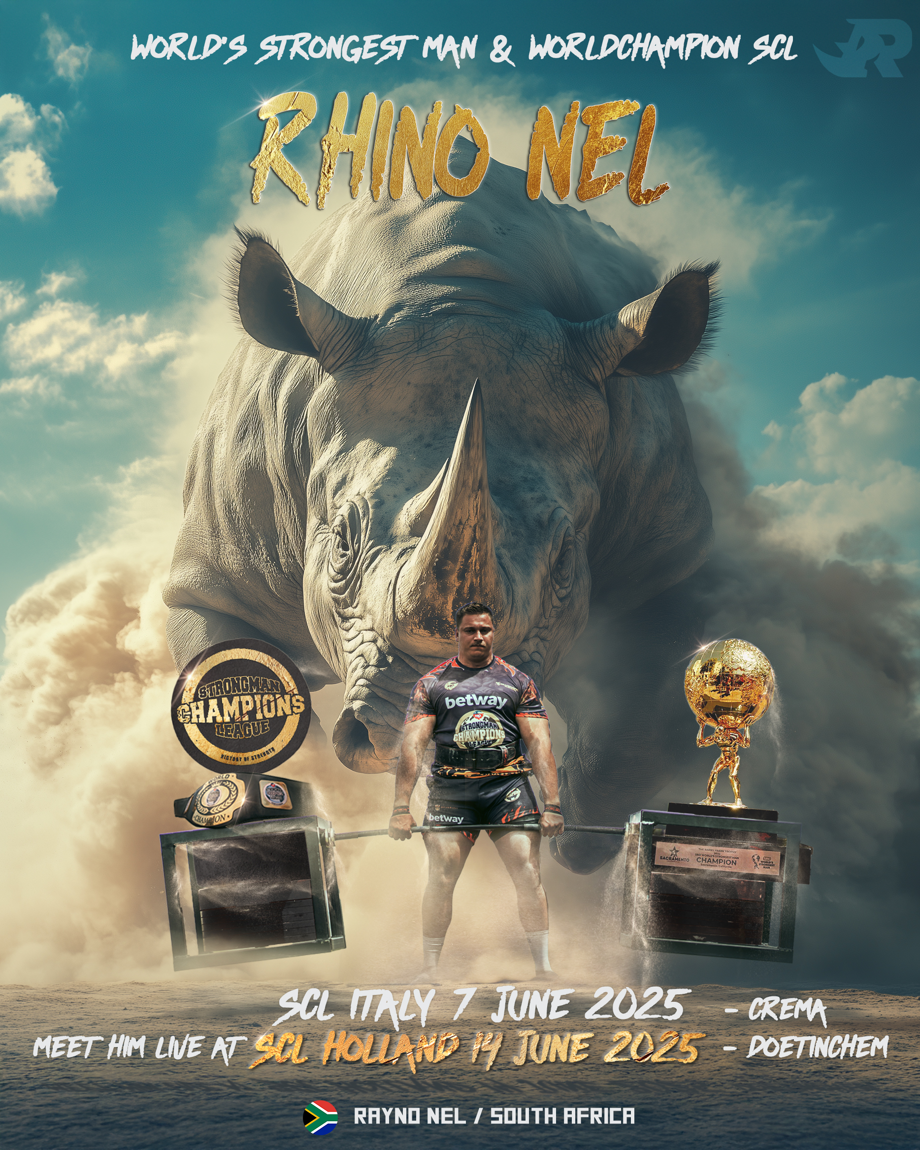 Event poster featuring Rayno "Rhino" Nel, World's Strongest Man and SCL Champion, competing in SCL Italy on June 7, 2025, and SCL Holland on June 14, 2025, with a striking rhino-themed background.